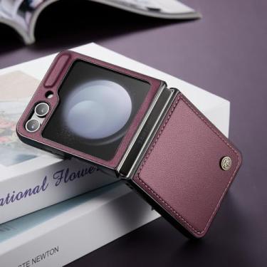 Imagem de Para samsung z flip 5 bolsa de telefone móvel capa de couro funda para samsung galaxy z flip5 flip 5 5g coque capa, vinho tinto, para samsung z flip 5