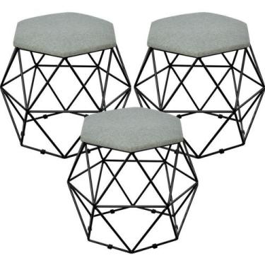 Imagem de Kit 03 Puffs Aramado Preto Six L02 Linho Cinza Escuro - LYAM DECOR
