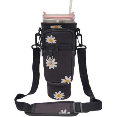 Imagem de Bolsa de transporte para garrafa de água com vários bolsos para copo Stanley Cup 40/850.5 g Neoprene Isolado Bolsa transversal com ombro ajustável e alça portátil Stanley Cup Acessórios Floral Preto