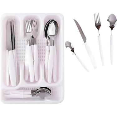Imagem de Conjunto de Talheres com Organizador, 25 Peças, Branco, Incluindo Garfos, Facas e Colheres com Suporte, Aço Inox com Cabos Resistentes – Completo e Moderno, Suporte Gaveteiro Restaurante Completo