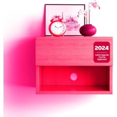 Imagem de Mesa de cabeceira flutuante, mesa de cabeceira moderna montada na parede com gaveta, prateleira de cabeceira de madeira e mesa, mesa de canto moderna de madeira para quarto (Beech QD1, conjunto de 2)