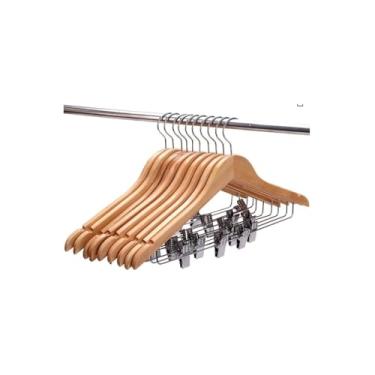 Imagem de Cabide de Madeira com Presilhas, Gancho Giratório 360°, Verniz, 44cm x 24cm, para Roupas, Casacos, Blazers, Camisas e Calças