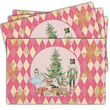 Imagem de Conjunto de 4 tapetes de mesa de Natal, jogo americano xadrez de diamante rosa, 30,5 x 45,7 cm, tapetes de mesa festivos para festa, cozinha, decoração de jantar, ideia de presente de Natal para