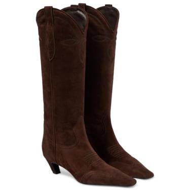 Imagem de DOEYG Botas de camurça caubói cano alto para mulheres, bico fino, botas de vaqueira, salto gatinho, botas ocidentais, botas de cano largo, botas altas modernas, elegantes e confortáveis, Marrom