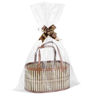 Imagem de MADHOLLY Cestas de tecido de bambu para presentes vazias – Kit de cesta de presente resistente dobrável para embrulhar com alça de celofane, para Dia das Bruxas, Ação de Graças, inauguração de casa