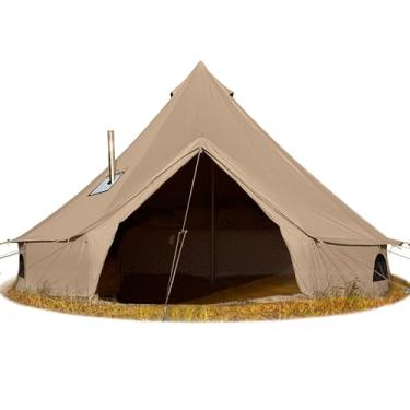 Imagem de Barraca de sino de lona de algodão, barracas grandes impermeáveis com centro e poste de porta resistentes e espaço para 4/6/8 pessoas todas as 4 estações barraca de acampamento yurt (marrom, 4 m))