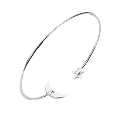 Imagem de AYNEFY Pulseira Banhada por Cobre, Decoração da Lua e Estrela, Pulseira Aberta para Mulheres, Material de Cobre Durável, Estilo único, Ajuste Ajustável (Prata)