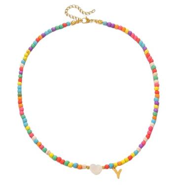Imagem de Gargantilha feminina com contas de ouro 18 quilates - pingente de letra colorida de aço inoxidável impermeável - joia com pingente de alfabeto personalizado - Presente personalizado delicado para
