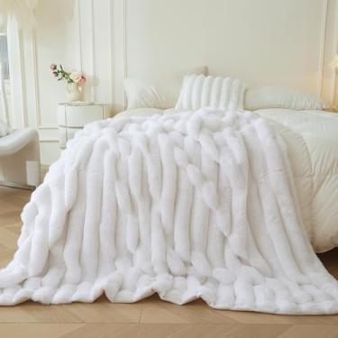 Imagem de MEGO Manta de pele de coelho sintética fofa, cobertor felpudo de luxo com listras largas para cama, sofá, cadeira, decorativo, salsicha, quarto, sala de estar, cobertor peludo para crianças, meninas