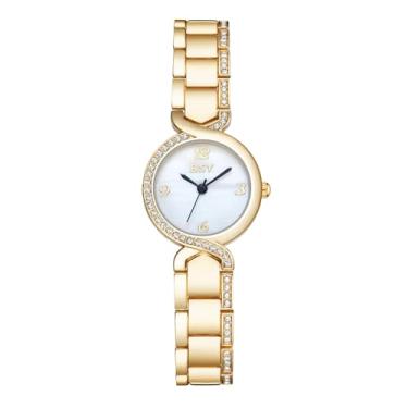 Imagem de BOSHIYA Relógios femininos com aço inoxidável dourado, relógio feminino de luxo com pequenas escritas, relógios de pulso femininos, à prova d'água, elegante, quartzo, analógico, feminino