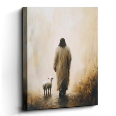 Imagem de WOXZQ Arte de parede de Jesus, bom pastor com cordeiro, decoração de parede minimalista, impressão em tela laminada sem moldura, pôster cristão, para presente de sala de oração, 30 x 38 cm