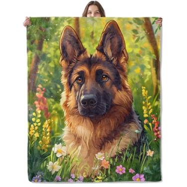 Imagem de Lugiu Cobertor de flores de pastor alemão, leve, confortável, floresta, floral e filhote de cachorro para sofá, quarto, cobertores realistas de flanela macia e aconchegante, presentes para mulheres