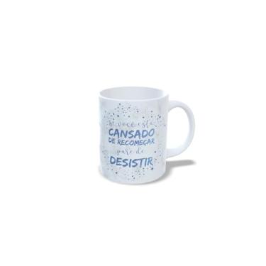 Imagem de Caneca de Cerâmica Branca com Mensagem Motivacional, Decorativa, Geométrica, 325ml, Design com Letras e Estrelas em Azul (t)