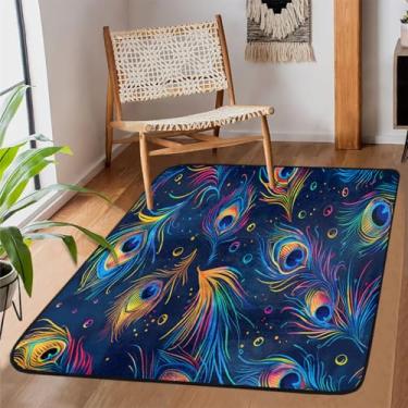 Imagem de Tapete de área para sala de estar, lavável à máquina, penas de pavão, estampa colorida, antiderrapante, tapete macio para sala de estar, quarto, sala de jantar, berçário, cozinha, decoração de casa