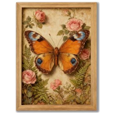 Imagem de Arte de parede vintage de 30,5 x 40,6 cm de borboleta e rosas rosas, pintura emoldurada, laranja, amarelo, rústico, estampa retrô, decoração de casa para sala de estar, quarto, escritório, sala de