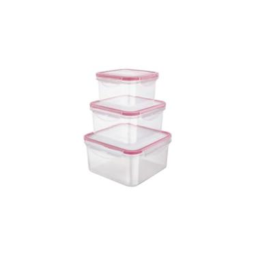 Imagem de Conjunto de 3 Potes Herméticos Quadrados, Plástico Transparente com Branco, 60ml/160ml/380ml, Sistema de Vedação com Travas Laterais