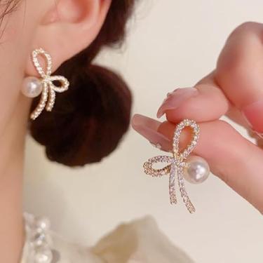 Imagem de Brincos femininos de pérola com laço e pingente de laço para dia dos namorados, presentes de amizade