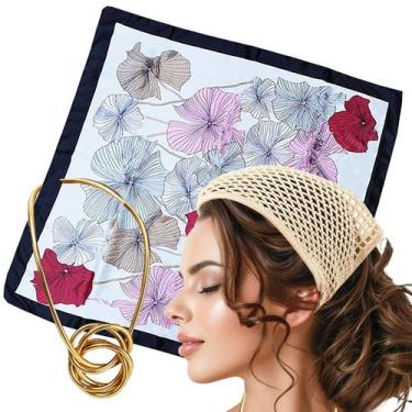Imagem de Kit Lenço Crochê Cabeça Bandana + Lenço Cetim 90x90 + Colar Pulseira 2