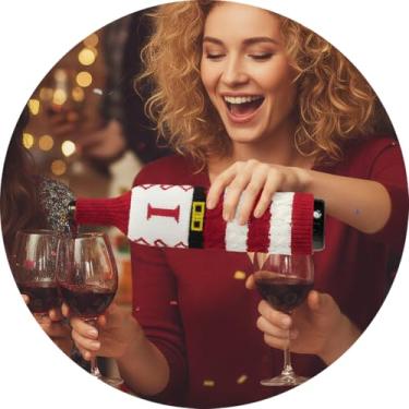Imagem de Capa de garrafa de vinho, decoração de mesa de Natal divertida para festas de fim de ano, manga de vinho de malha para troca de presentes, decoração de casa