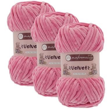 Imagem de Makromecity 3 novelos de fio de veludo 100 g (3,5 oz) / 120 m (132 jardas) fio de chenille premium 100% poliéster, ultra macio, antibolinhas, lavável na máquina, 30 cores para tricô e crochê (rosa