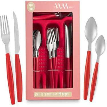 Imagem de Talheres inoxidaveis, jogo completo, garfos, facas, colheres e porta, vermelha, pratico, compacto