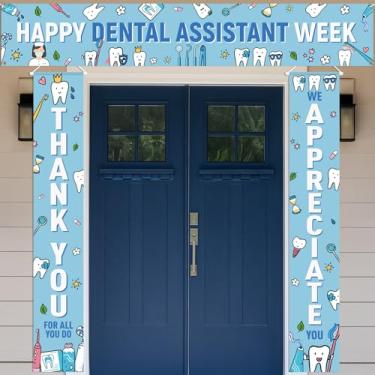 Imagem de 3 peças Happy Dental Assistant Week Decorações - Decoração de festa de dente de desenho animado presentes de agradecimento de assistente dentário sinal de feliz dia do dentista para aniversário