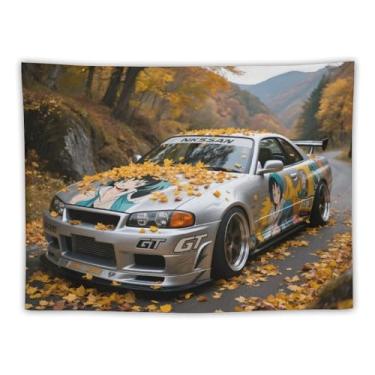 Imagem de HouLaiZhe JDM Tapeçaria de carro Jdm R32 carro esportivo folhas caídas outono pendurar na parede quarto decoração de casa tapeçarias estética piquenique decoração de parede arte de parede para