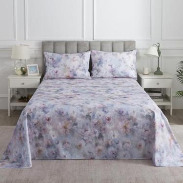 Imagem de Puralens Lençóis Queen de percal floral roxo, 100% algodão, macio, vintage, com estampa de borboleta, lençol de casa de fazenda, 4 peças