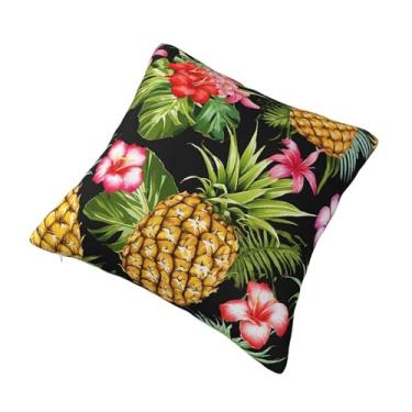 Imagem de Almofada quadrada decorativa com estampa havaiana de abacaxi tropical - Design reversível, zíper oculto, poliéster macio para sofá, cama e carro - Hipoalergênico 51 x 50 cm