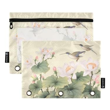 Imagem de Wassud Bolsa de lápis para fichário de 3 anéis, bolsa de lápis transparente com zíper suave, linda pasta de lótus para fichário, pacote com 2