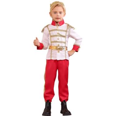 Imagem de Fantasia de cosplay de Halloween para meninos do Príncipe Encantado - Roupas infantis de príncipe real - Fantasia de cavaleiro medieval - Conjunto de cosplay de rei - Branco e Vermelho 4 peças (5-7T)