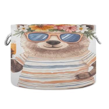 Imagem de Burbuja Urso usando óculos de sol coroa de flores cesta de armazenamento redonda com alças de corda de algodão, cesta de lavanderia para cobertores, brinquedos, berçário, decoração de sala de estar