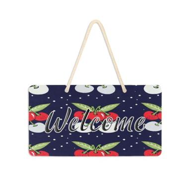 Imagem de Burbuja Cerejas na placa de boas-vindas azul escuro para porta da frente, placa de boas-vindas de PVC para decoração de férias de casa de fazenda, 15 x 28 cm