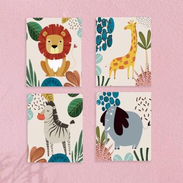 Imagem de 4 peças de decoração de parede de animais fofos desenhos animados, sem moldura, colorido, safári, animal, pintura, pôster, arte para paredes, adorável leão elefante, decoração de parede, impressões