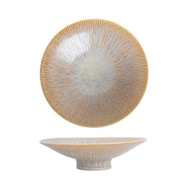 Imagem de Fruteira Tigela de servir com pedestal e padrão ondulado, em cerâmica, para frutas e petiscos, utensílio de mesa decorativo para cozinha e sala de jantar. Decoração de mesa(Yellow)