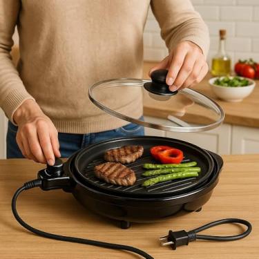 Imagem de Grill Elétrico Redondo Premium 40cm 1200W com Termostato – Antiaderente, Cozimento Rápido, Baixa Fumaça e Ideal para Grelhados em Casa 127V