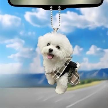 Imagem de Enfeite de filhote de cachorro maltês de acrílico - Roupa xadrez fofa para pendurar com corda dourada para espelho de carro, casa e árvore de Natal (1 peça)/GJ-45