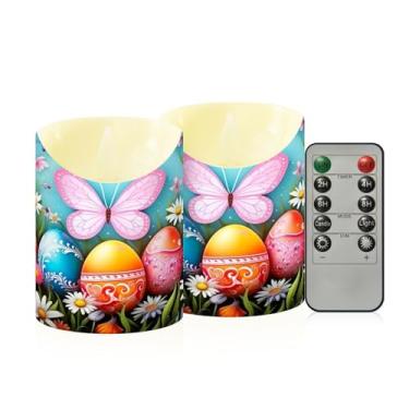Imagem de Wassud Pacote com 2 velas coloridas de ovos e borboletas sem chama com controle remoto, velas realistas cintilantes com temporizador, velas decorativas para Natal, casamento, festa, decoração de casa