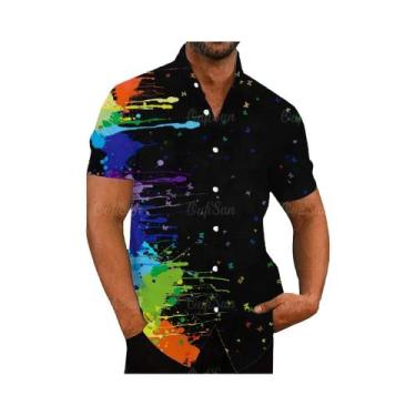 Imagem de Camisa Casual Vintage Havaiana Masculina Com Estampa Floral Arco-Íris 