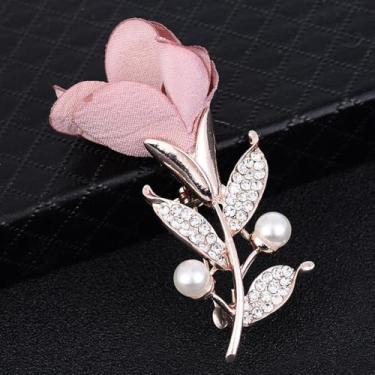 Imagem de Broche rosa de tecido rosa cristal strass flor lapela acessório decorativo elegante para casacos, cachecóis, bolsas e estilo de roupa diário ou formal