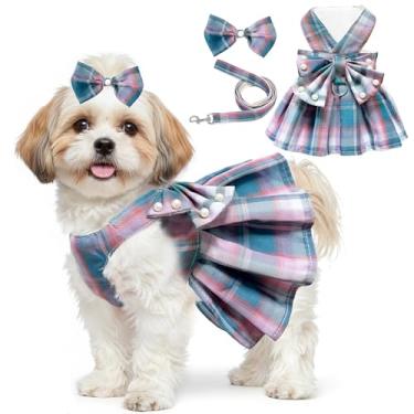 Imagem de Conjunto de coleira com laço e laço para cães pequenos, meninas, lindo vestido xadrez para cães, pérolas, gravata borboleta, primavera, verão, roupas de princesa, aniversário, feriado, cachorrinho