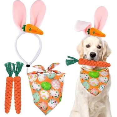 Imagem de Fantasia de cachorro de Páscoa, bandana de orelhas de coelho, faixa de cabeça para mastigar cenoura, brinquedo de cachorrinho de Páscoa para festas de fim de ano, cosplay