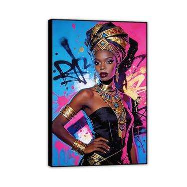 Imagem de SDYJ6GSW Decoração de parede inspiradora para mulheres negras pintura em tela grafite menina arte de parede fotos de mulher afro-americana com coroa de rainha para quarto emoldurado pronto para