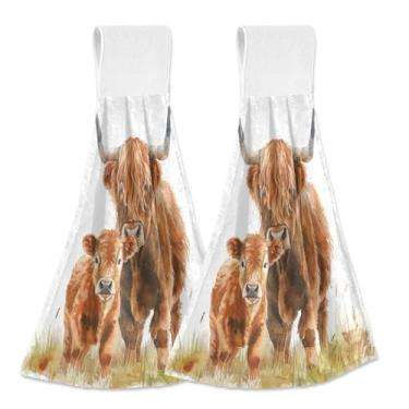 Imagem de Joitme Conjunto de 2 toalhas de mão para pendurar em aquarela Highland Cows, toalhas de banheiro de lã coral macias e absorventes com laço para pendurar e fita mágica para forno, toalhas decorativas