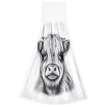 Imagem de Joitme Toalhas de mão fofas pretas e brancas de vaca Highland com laço para pendurar na ponta dos dedos toalha absorvente macia fofa cozinha banheiro decoração conjunto de 2, 45 x 35 centímetros