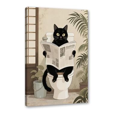 Imagem de Arte de parede em tela de gato preto engraçado na banheira gato fofo lavar suas patas lendo pôster de jornal banheiro impressões animais decoração de parede (SKU2,12 x 18 pol. = (30 x 45 cm