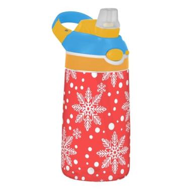 Imagem de Garrafa de água de plástico à prova de vazamento com bolinhas vermelhas de flocos de neve brancos, 473 ml, copo infantil portátil Tritan de 473 ml, reutilizável, alça de transporte