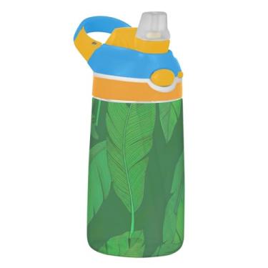 Imagem de Tropical Banana Leaves Green Garrafa de água infantil com canudo 473 ml Tritan 473 ml Garrafa de água de plástico portátil à prova de vazamento para crianças, reutilizável, alça de transporte