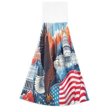 Imagem de Toalhas de mão de primavera com laço para pendurar águia careca fria bandeira americana conjunto de 2 toalhas de gravata de forno, toalha de cozinha macia absorvente para decoração de casa, 46 x 35 cm