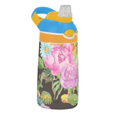 Imagem de Garrafa de água infantil portátil de 473 ml Tritan garrafa de água de plástico com canudo reutilizável à prova de vazamento, alça de transporte, flores vintage coloridas
